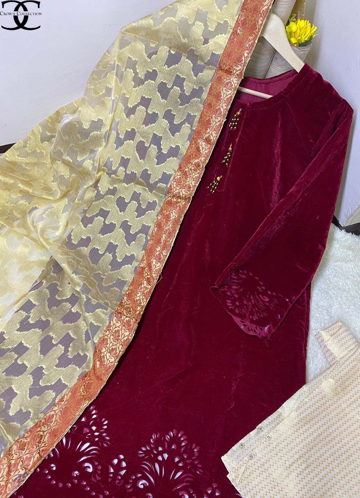 Velvet kurti Jacuard duppata and trouser